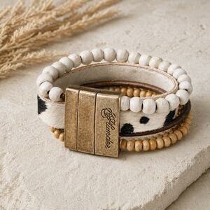 Plunder Cowhide Leather Wrap Bracelet Wood Bead Magnetic Clasp